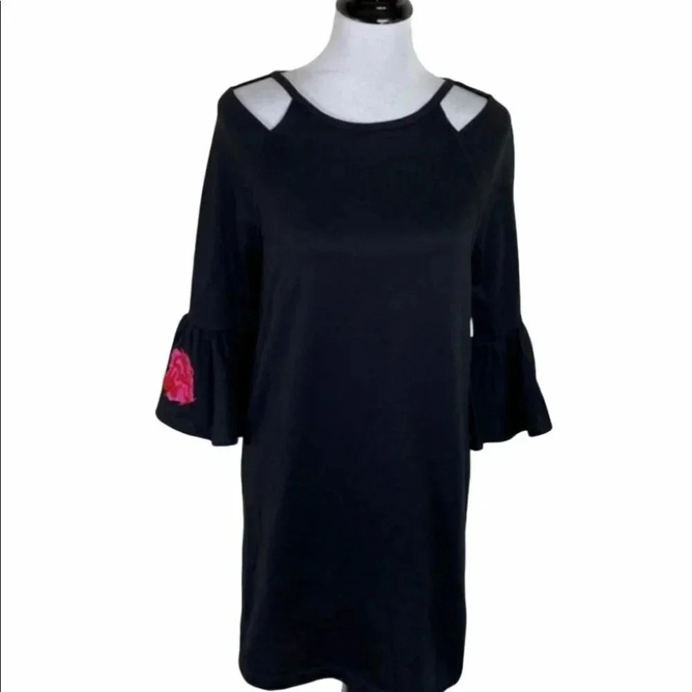 Alya S black shift dress w/embroidery‎ cut out sleeve dress